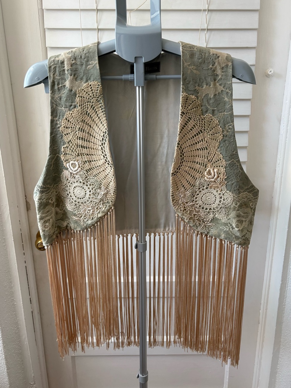 Linda Harris Boho Fringe Vest Crochet Lace Jacquard Open Front One Size